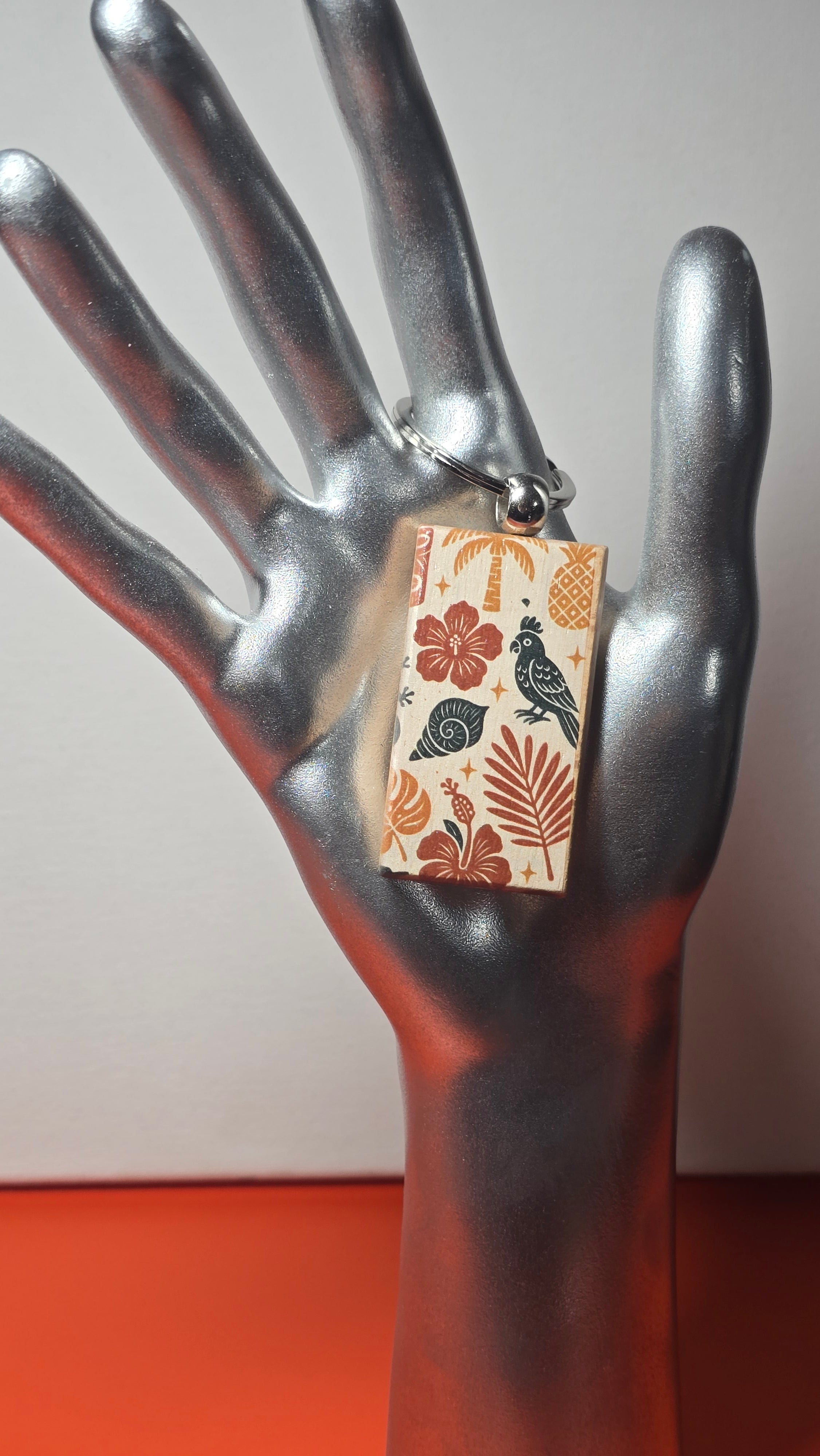 Tropical Botanical Parrot Wood Keychain