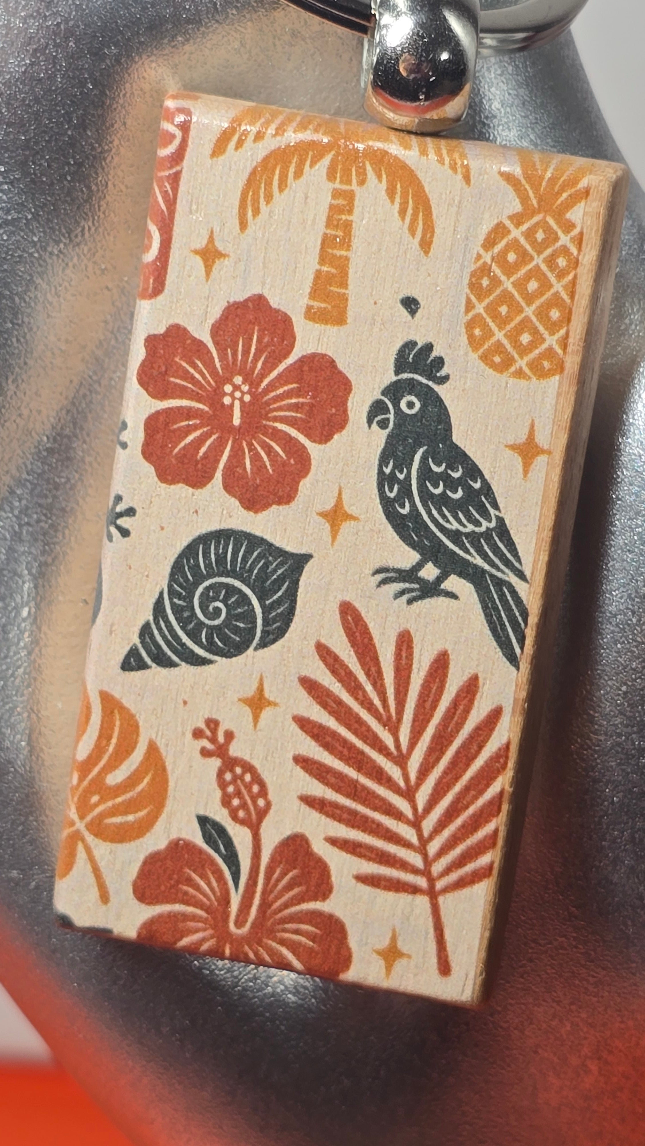 Tropical Botanical Parrot Wood Keychain