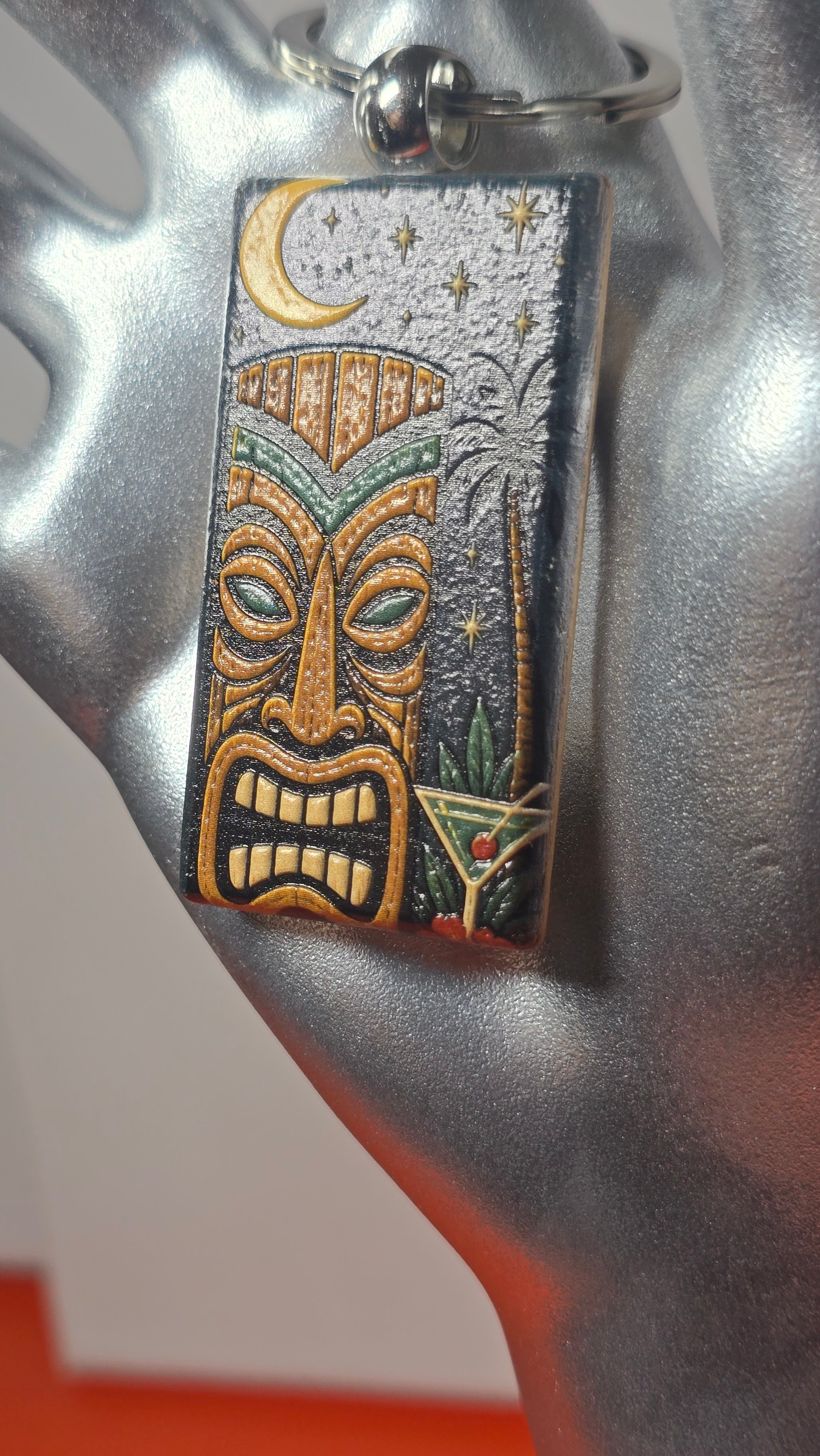 Midnight Tiki Cocktail Wood Keychain