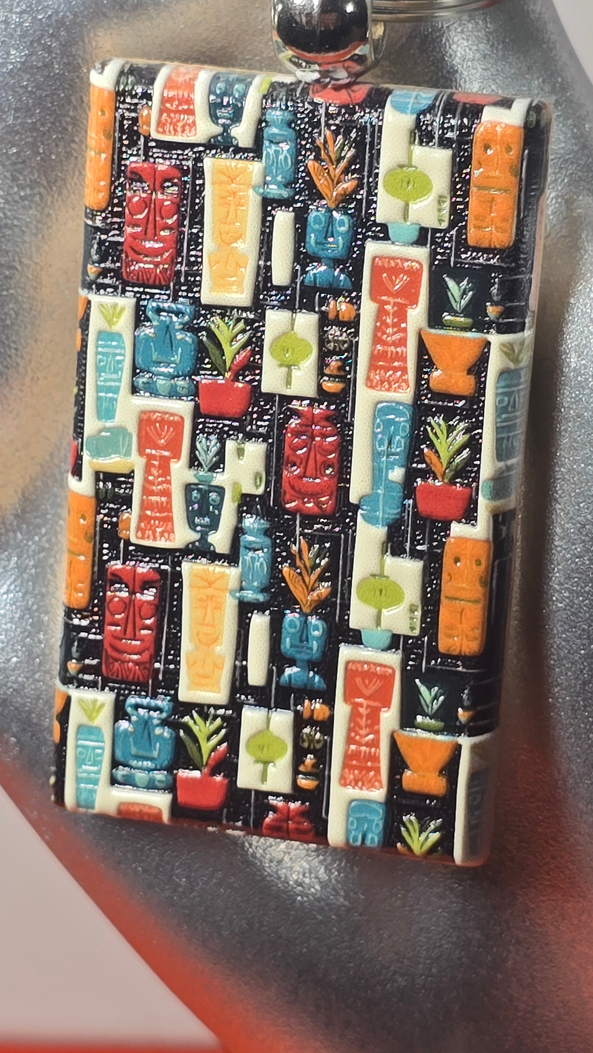 Tiki Idol & Tropical Plants Grid Wood Keychain