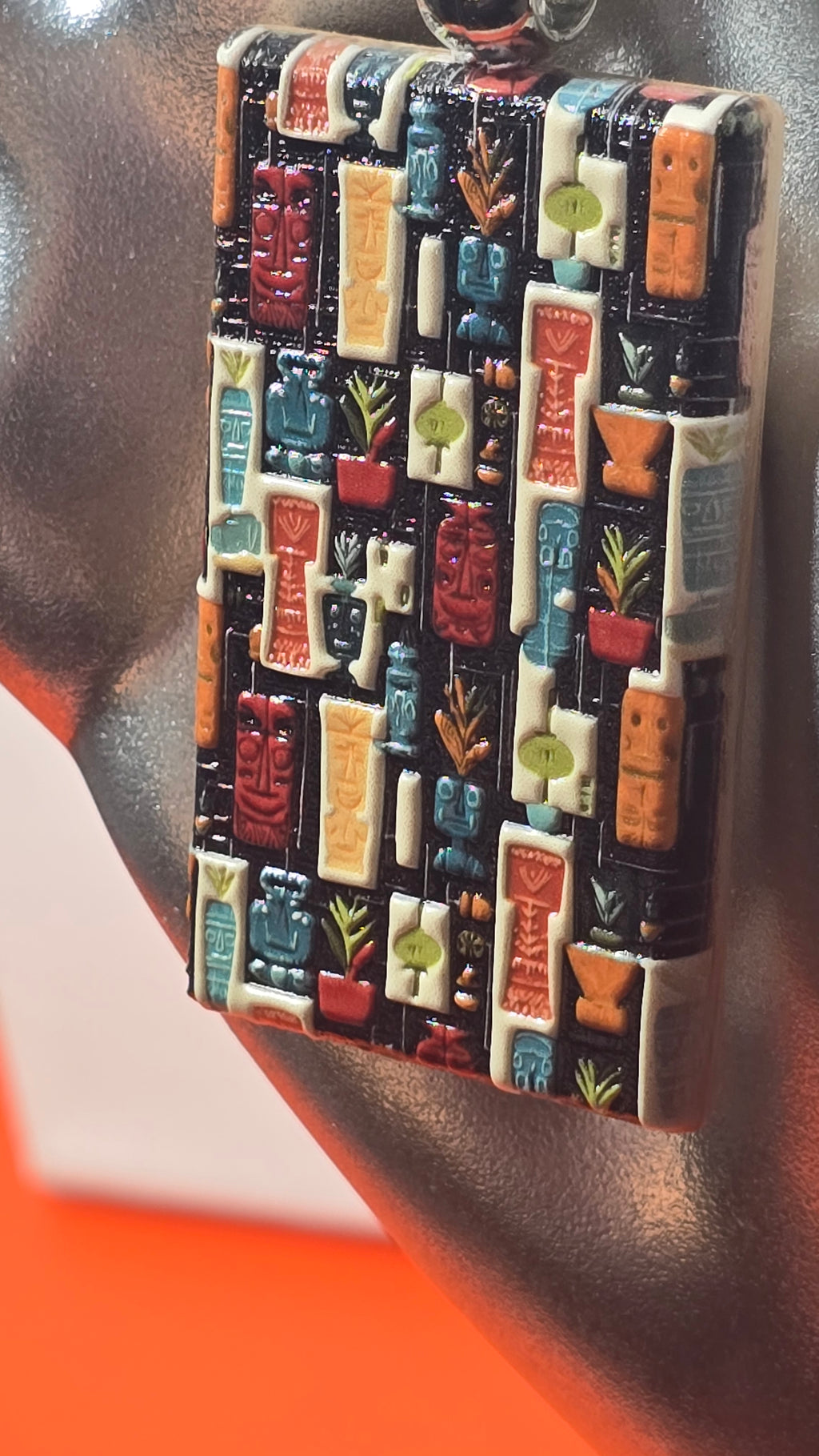 Tiki Idol & Tropical Plants Grid Wood Keychain