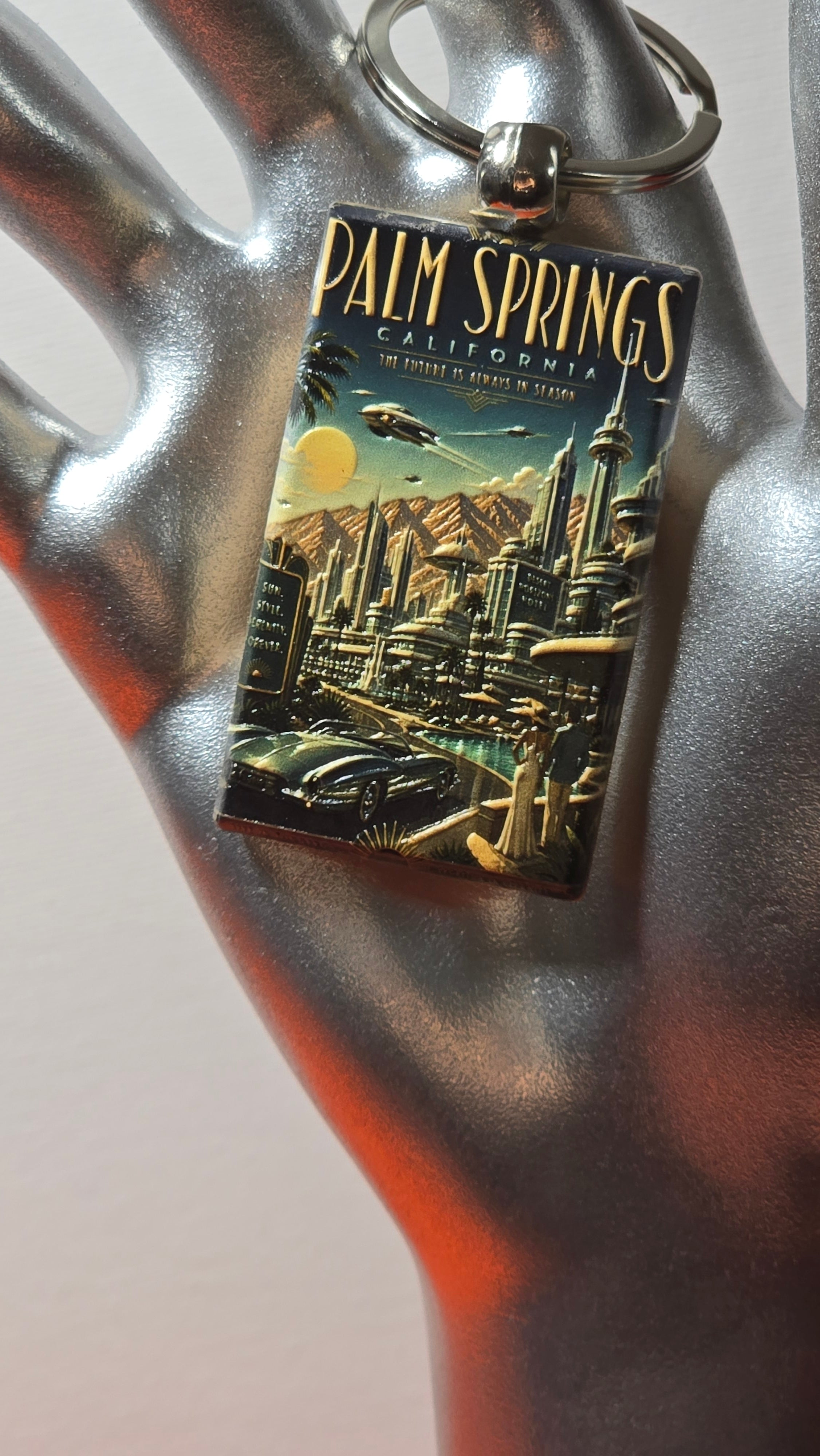 Palm Springs Retrofuturist Travel Poster Wood Keychain