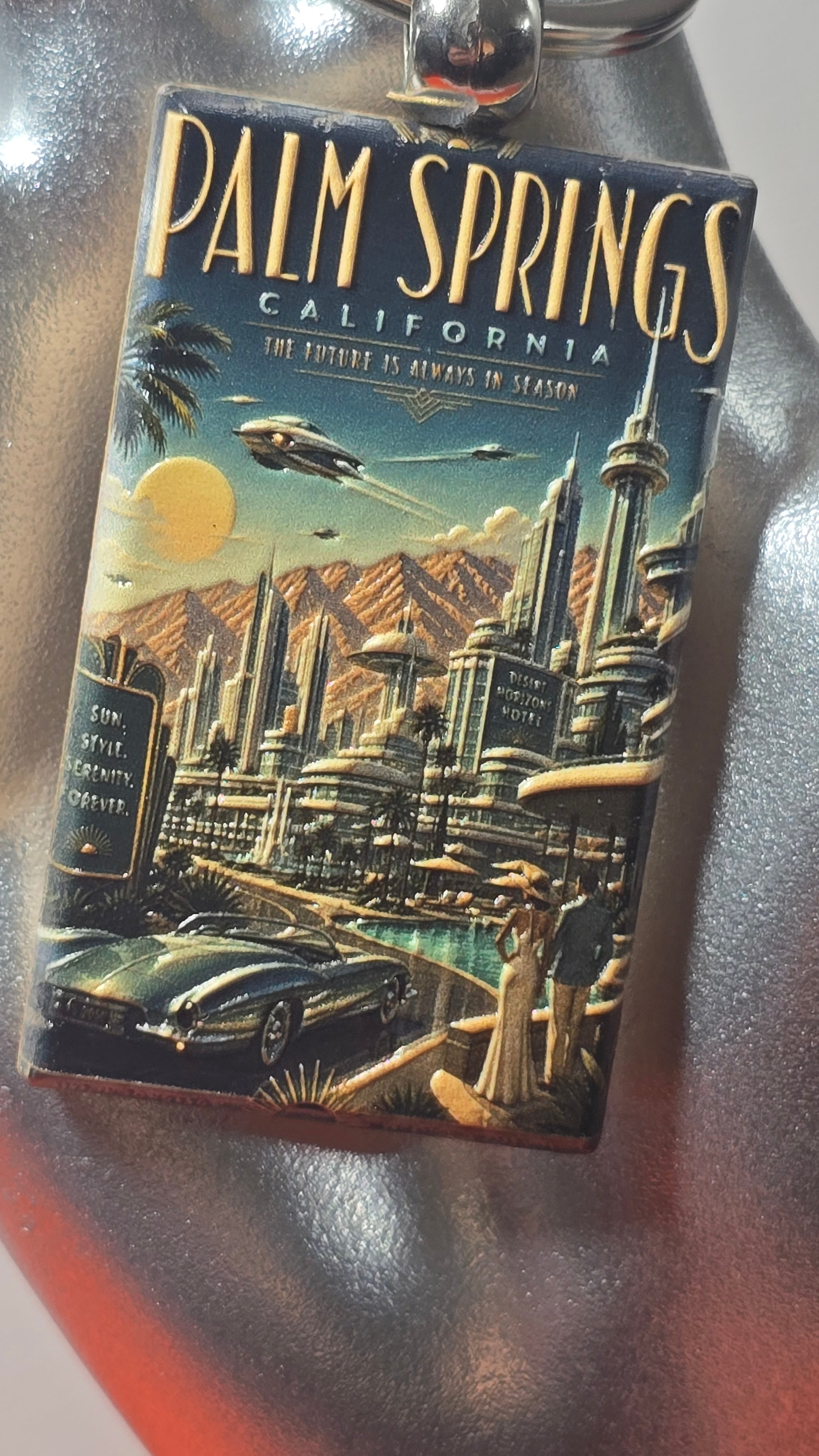 Palm Springs Retrofuturist Travel Poster Wood Keychain