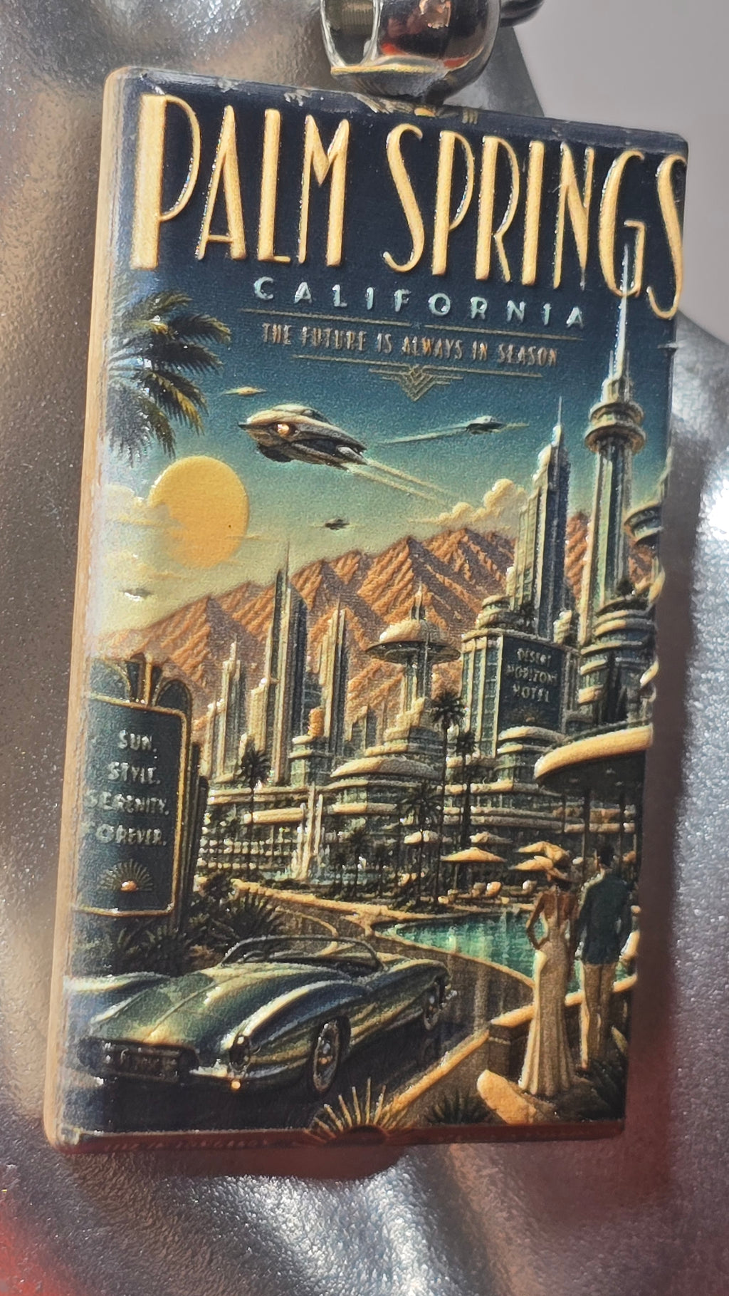 Palm Springs Retrofuturist Travel Poster Wood Keychain