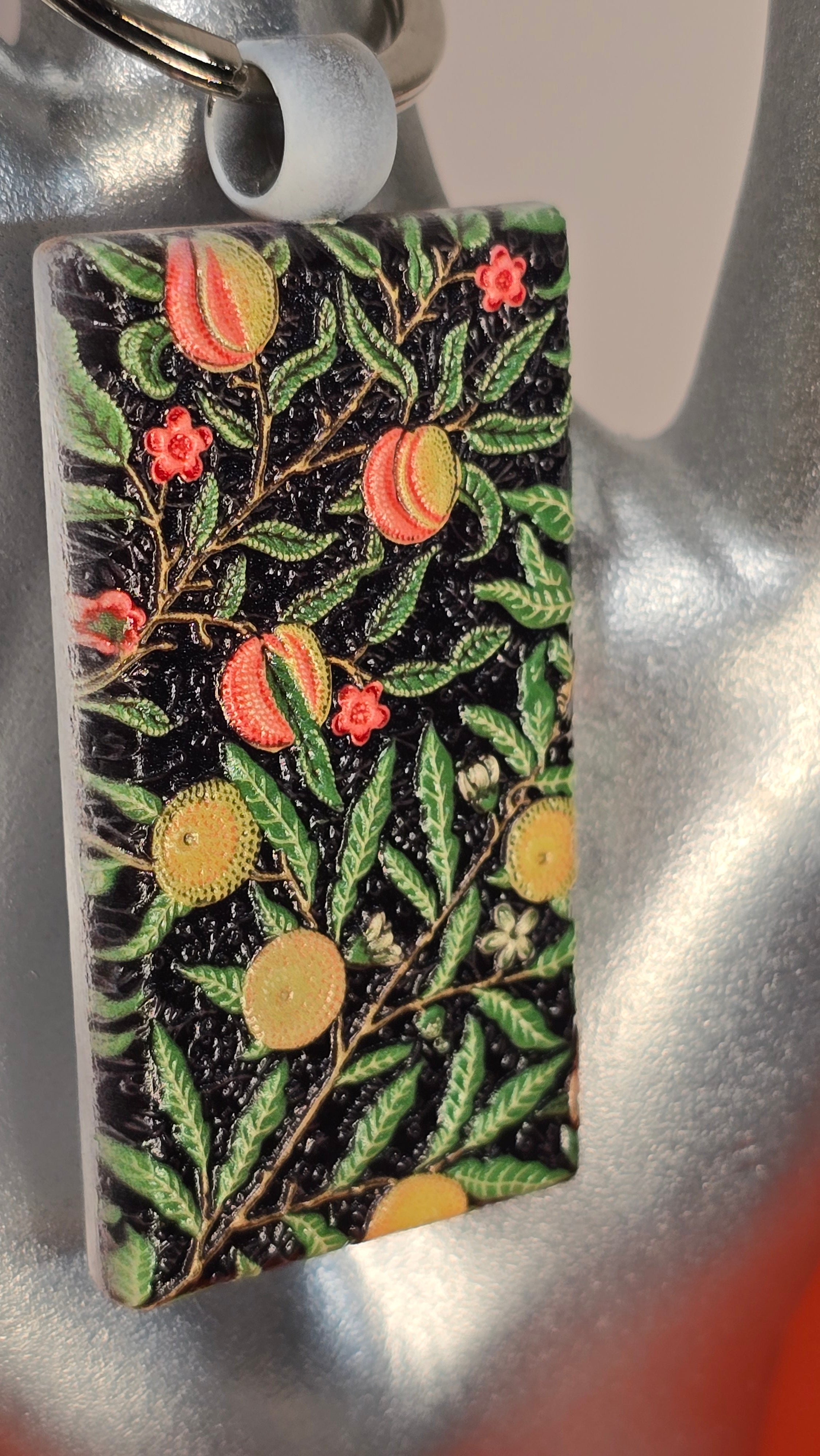 William Morris Fruit Pomegranate Raised Texture Wood Keychain