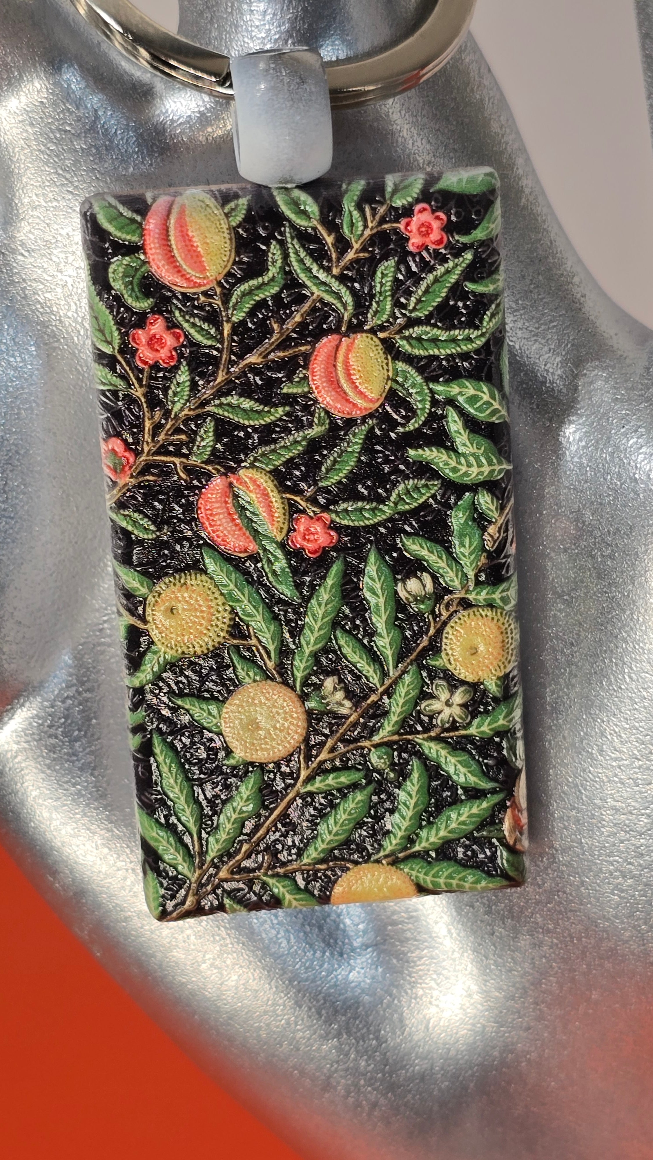 William Morris Fruit Pomegranate Raised Texture Wood Keychain