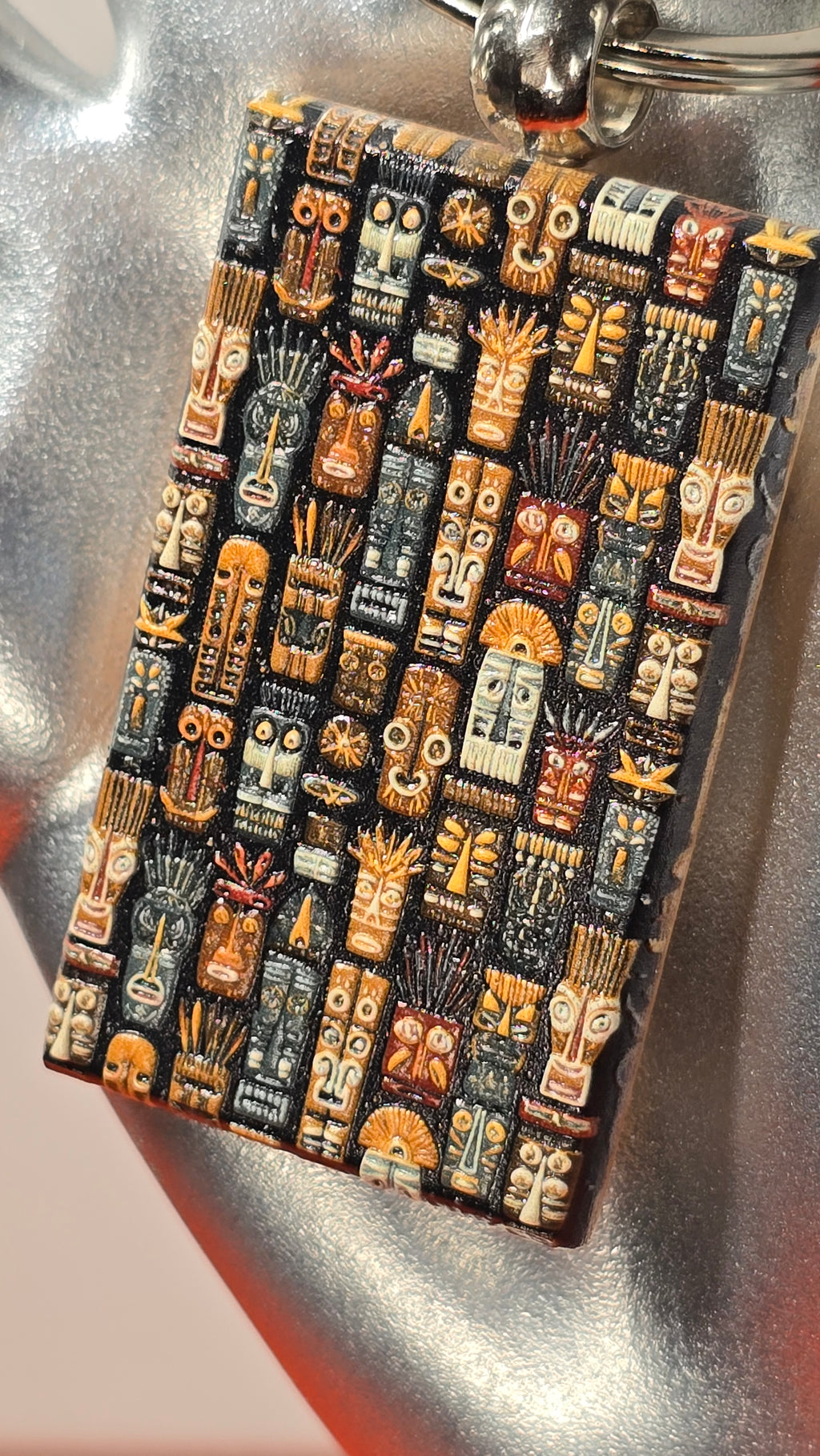 Tiki Gods Pattern Raised Texture Wood Keychain