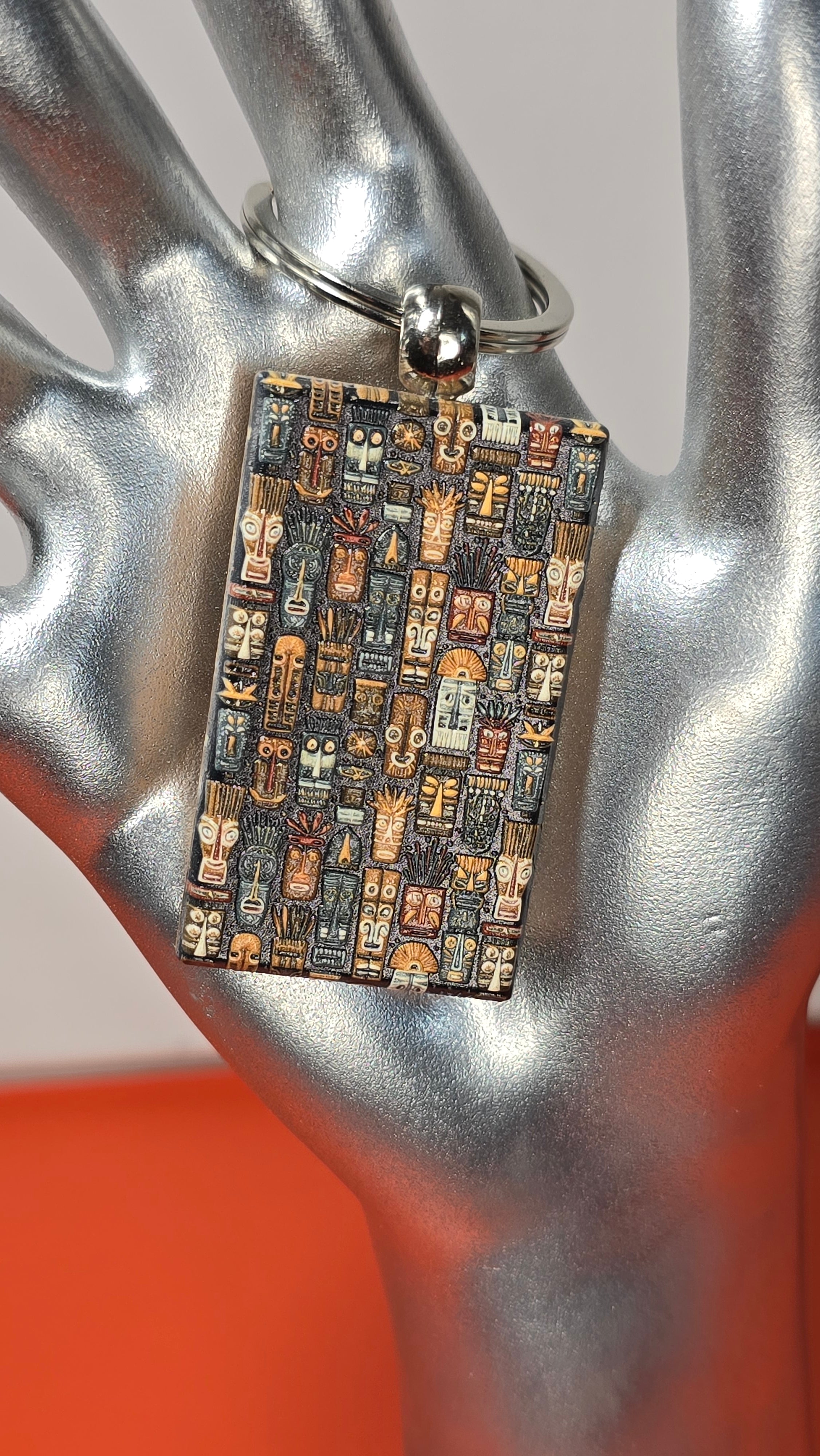 Tiki Gods Pattern Raised Texture Wood Keychain