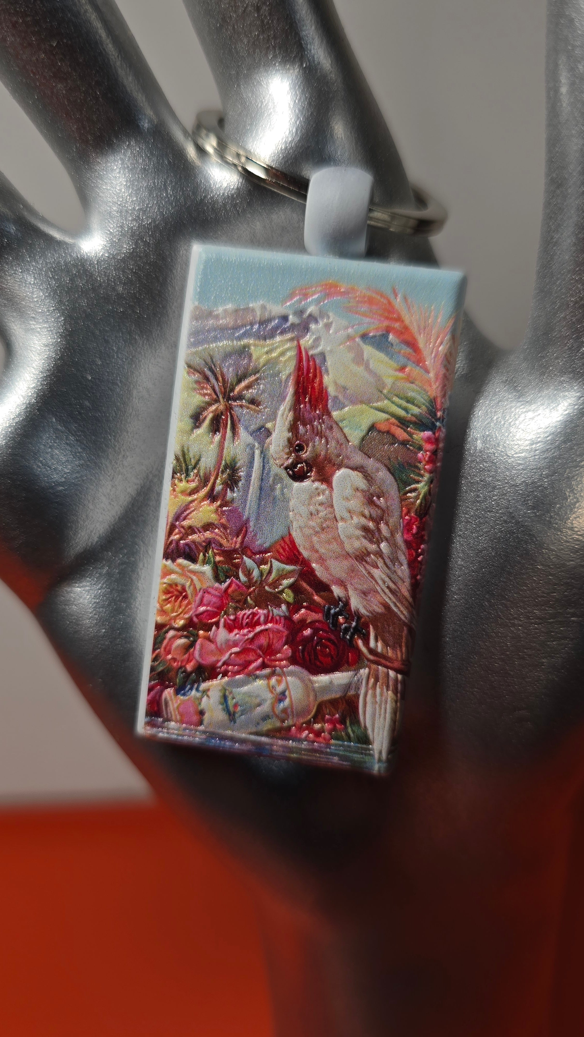 Florida Water Murray & Lanman Cockatoo Victorian Ad Raised Texture Wood Keychain