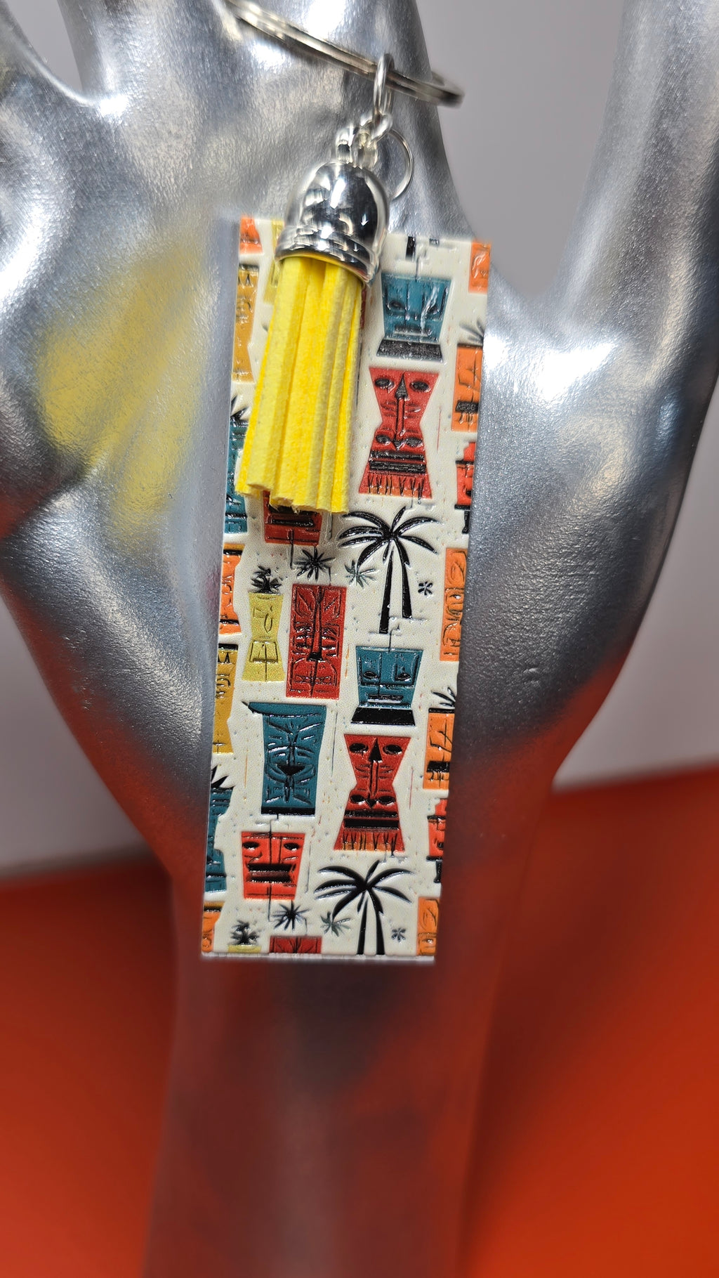 Palm Springs Double-Sided Tiki Print Wood Keychain with Yellow Tassel