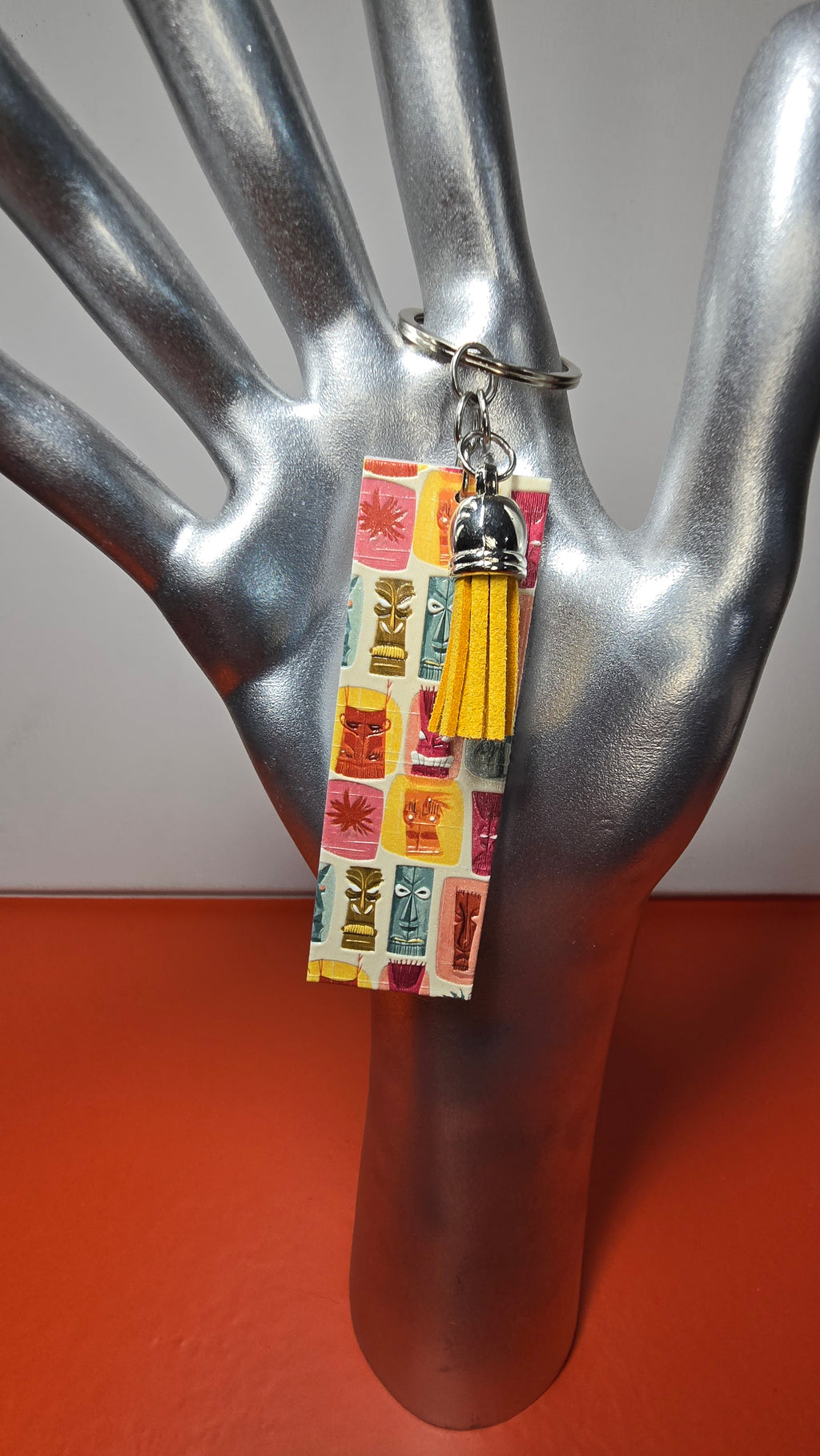 Palm Springs Tiki & Script Double-Sided Raised Texture Wood Keychain with Yellow Tassel