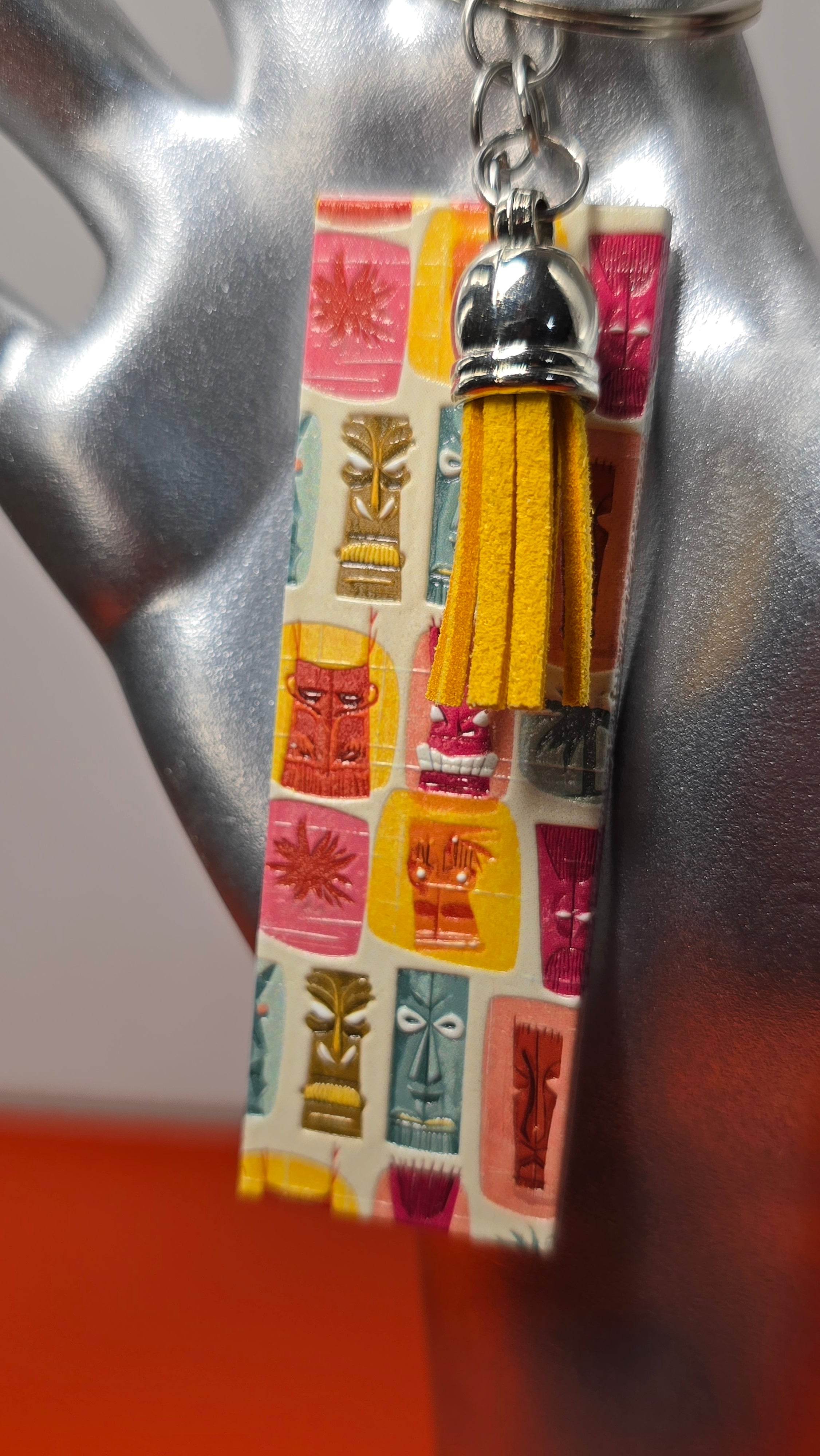 Palm Springs Tiki & Script Double-Sided Raised Texture Wood Keychain with Yellow Tassel
