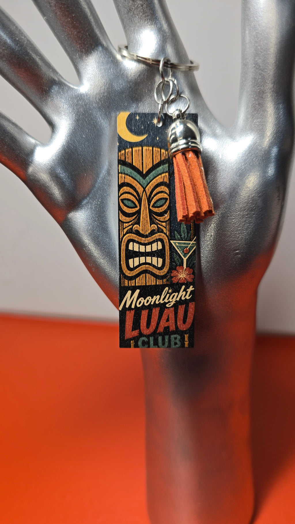 Moonlight Luau Club & Palm Springs Double-Sided Wood Keychain with Brown Tassel