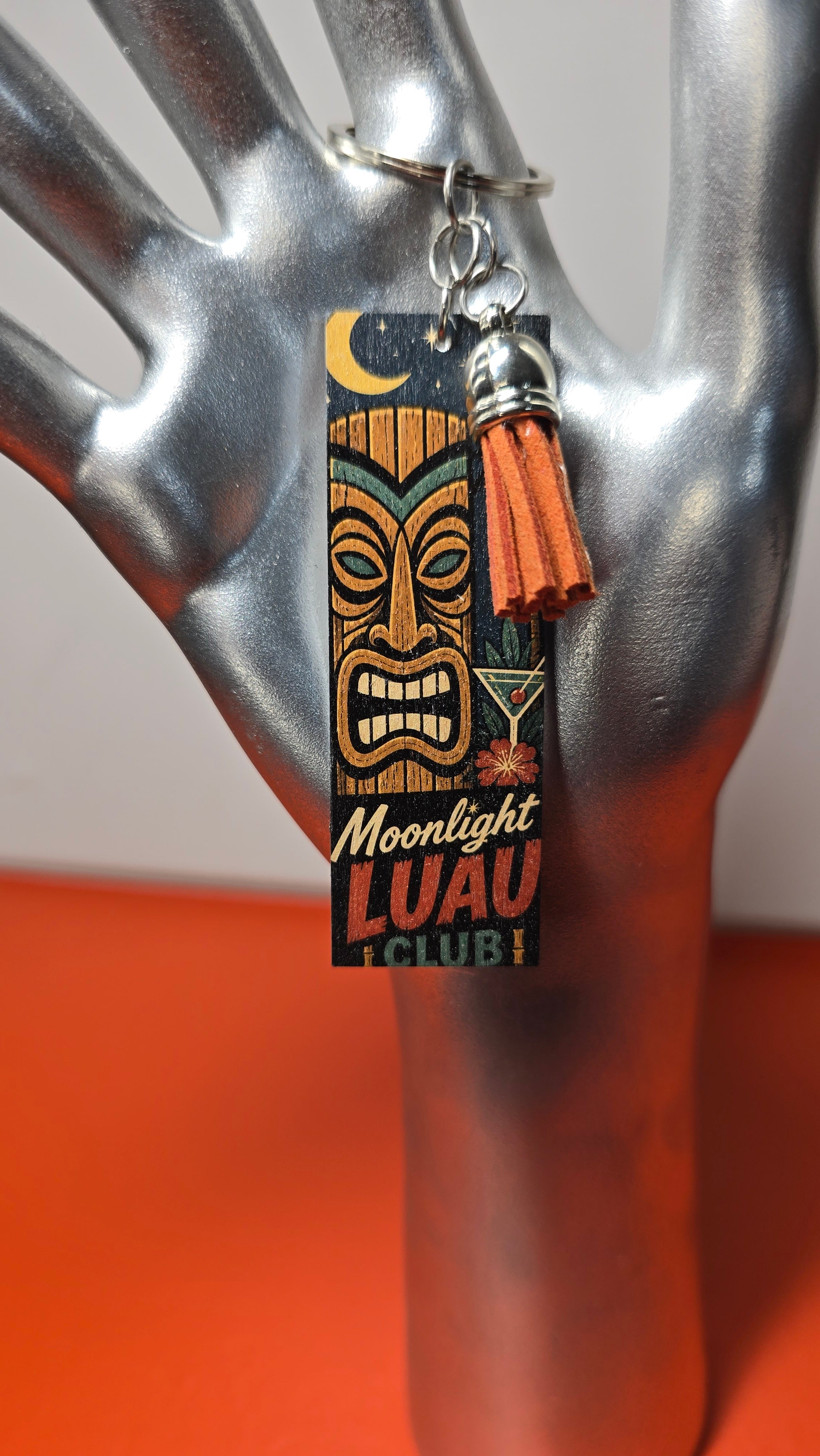 Moonlight Luau Club & Palm Springs Double-Sided Wood Keychain with Brown Tassel