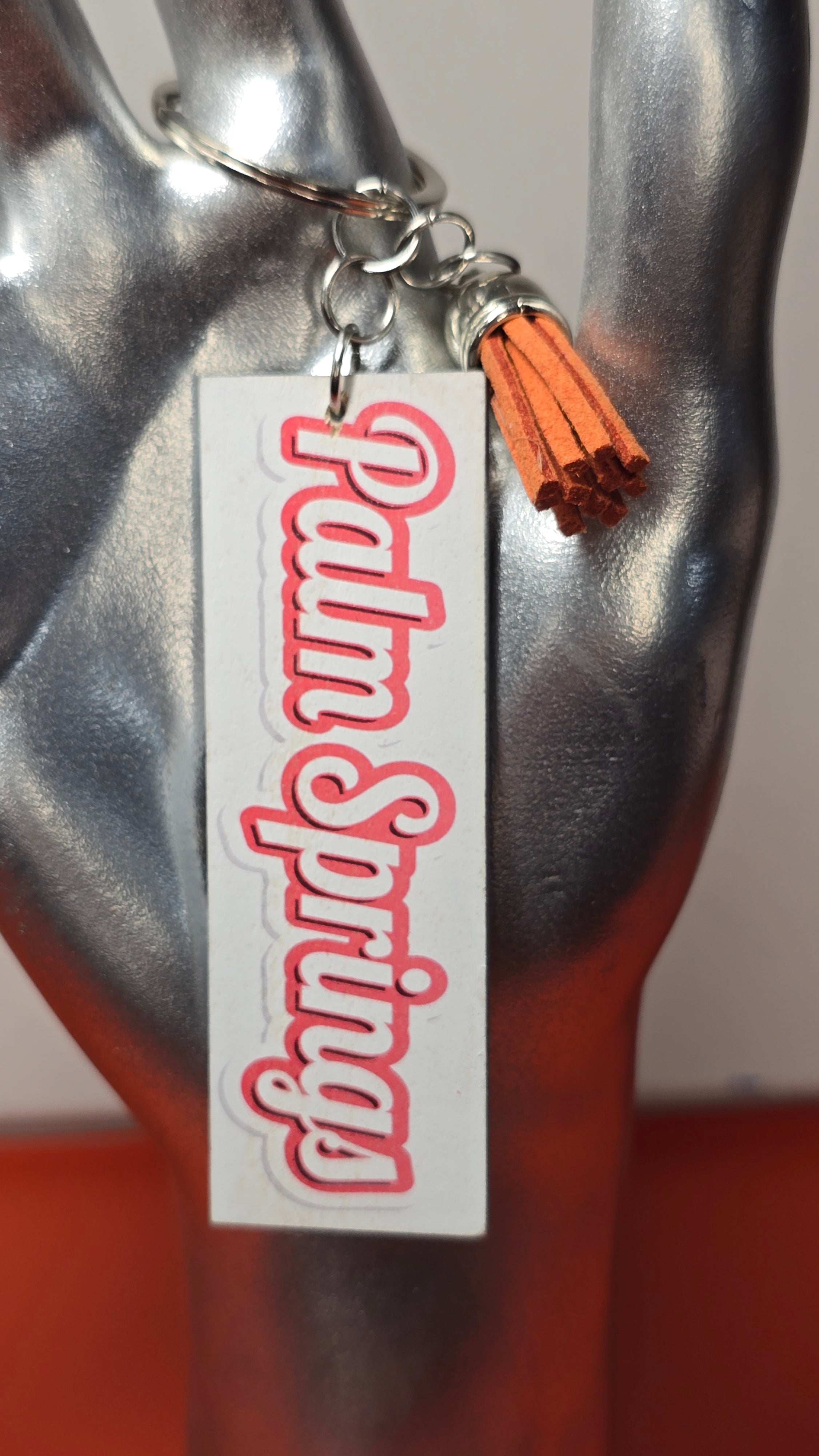 Moonlight Luau Club & Palm Springs Double-Sided Wood Keychain with Brown Tassel
