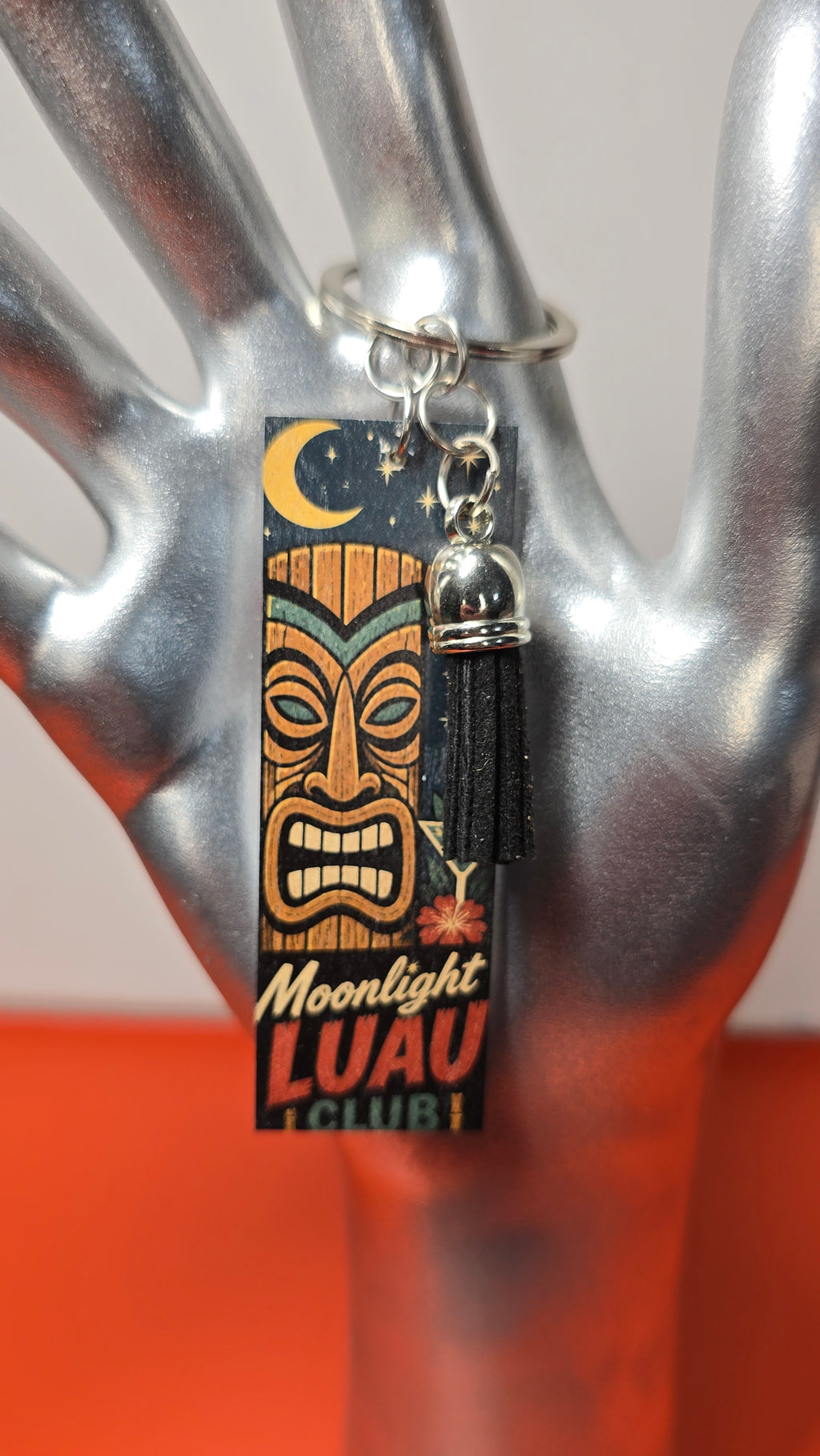 Moonlight Luau Club & Palm Springs Double-Sided Wood Keychain with Black Tassel