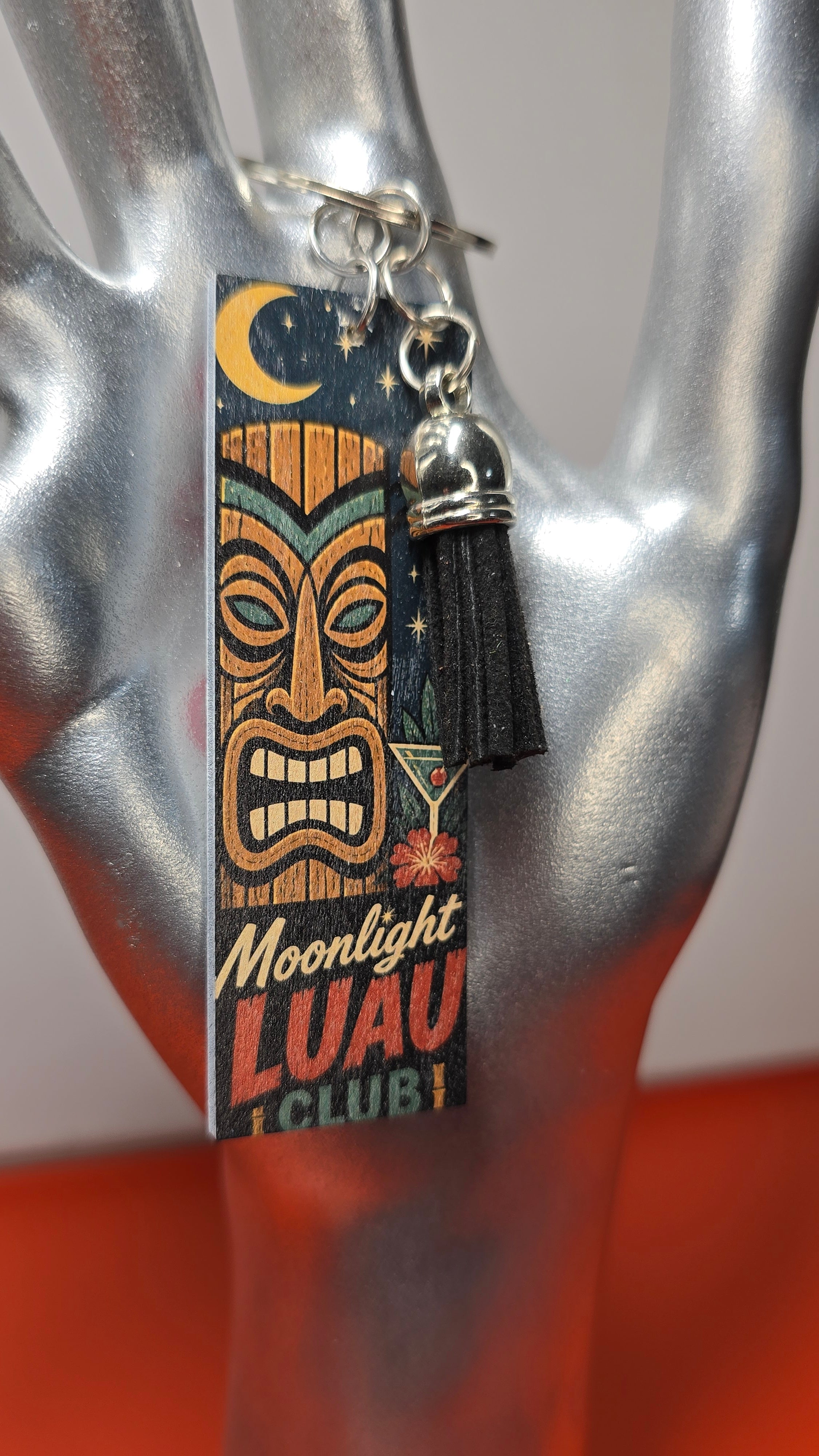 Moonlight Luau Club & Palm Springs Double-Sided Wood Keychain with Black Tassel