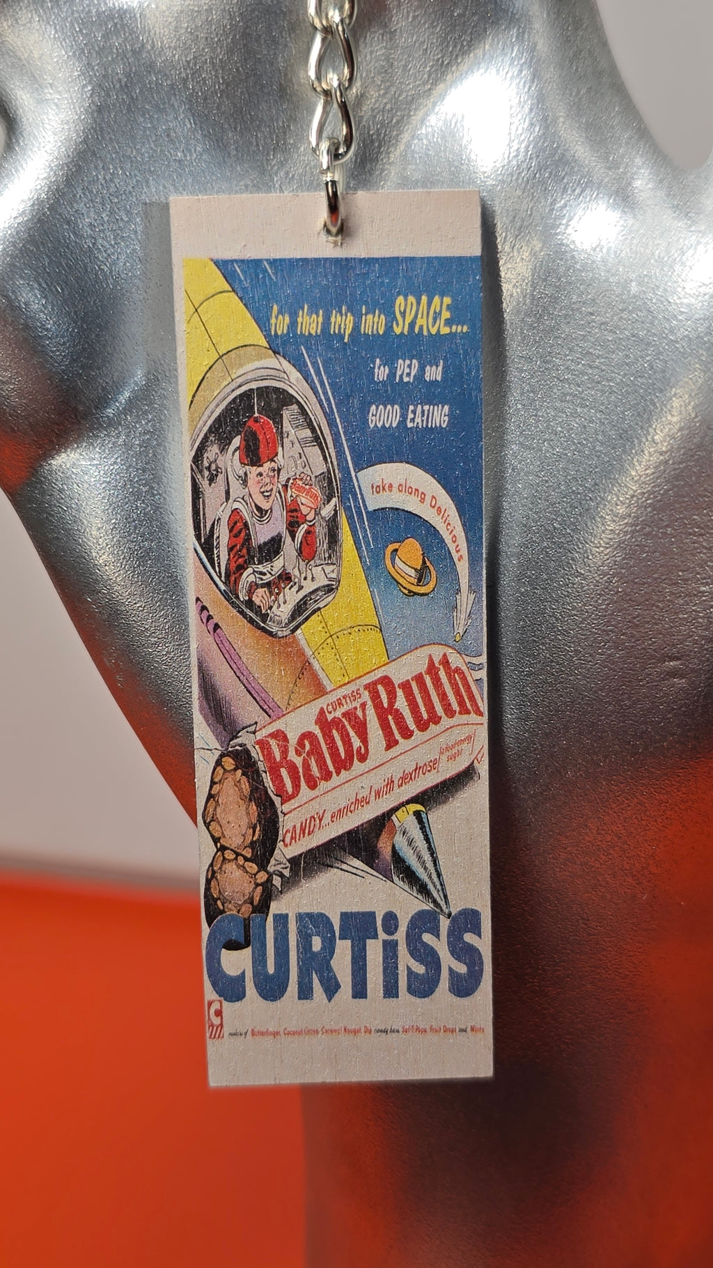 Curtiss Baby Ruth Space Age Vintage Ad Wood Keychain