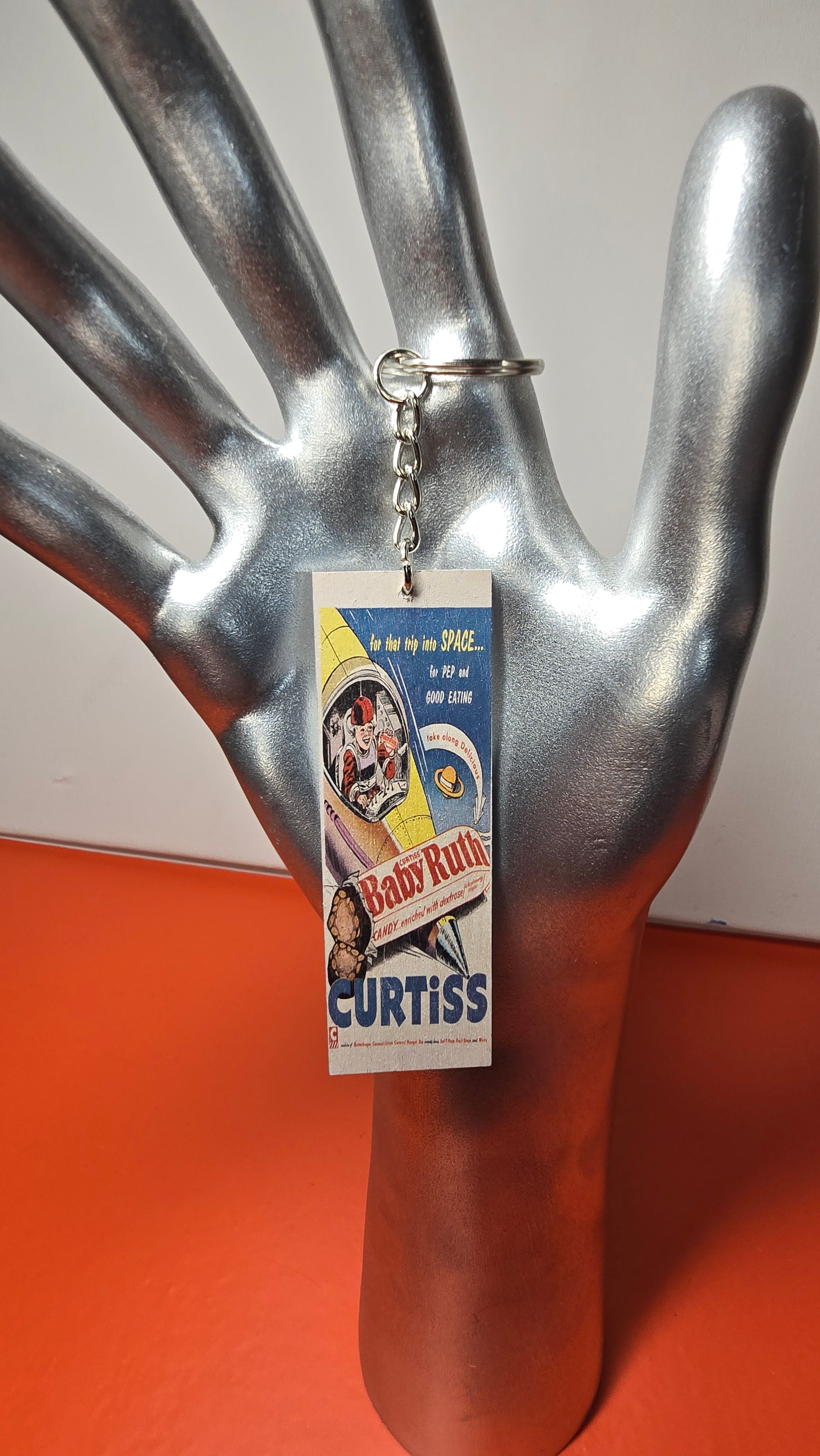 Curtiss Baby Ruth Space Age Vintage Ad Wood Keychain