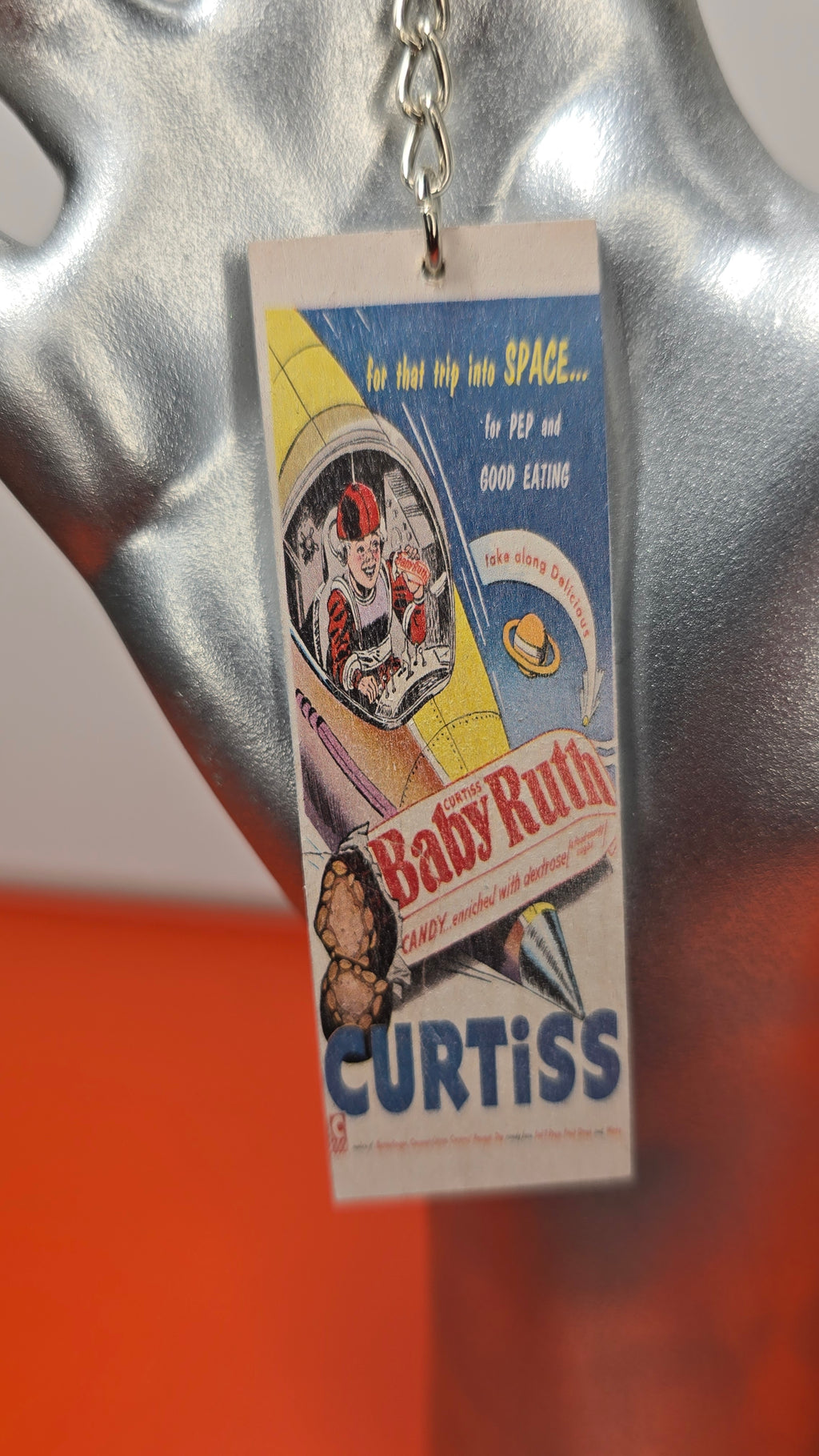 Curtiss Baby Ruth Space Age Vintage Ad Wood Keychain