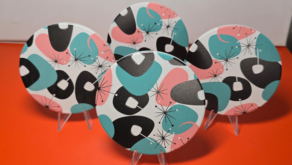 Mid-Century Modern Atomic Starburst Ceramic Coaster Set of 4 with Cork Backing