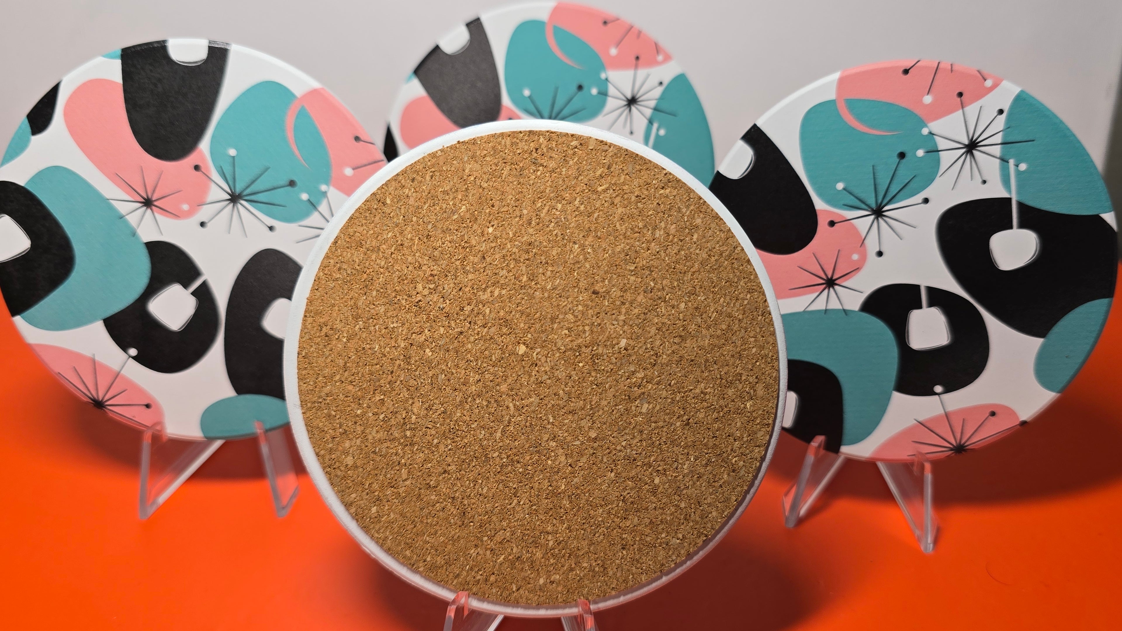Mid-Century Modern Atomic Starburst Ceramic Coaster Set of 4 with Cork Backing