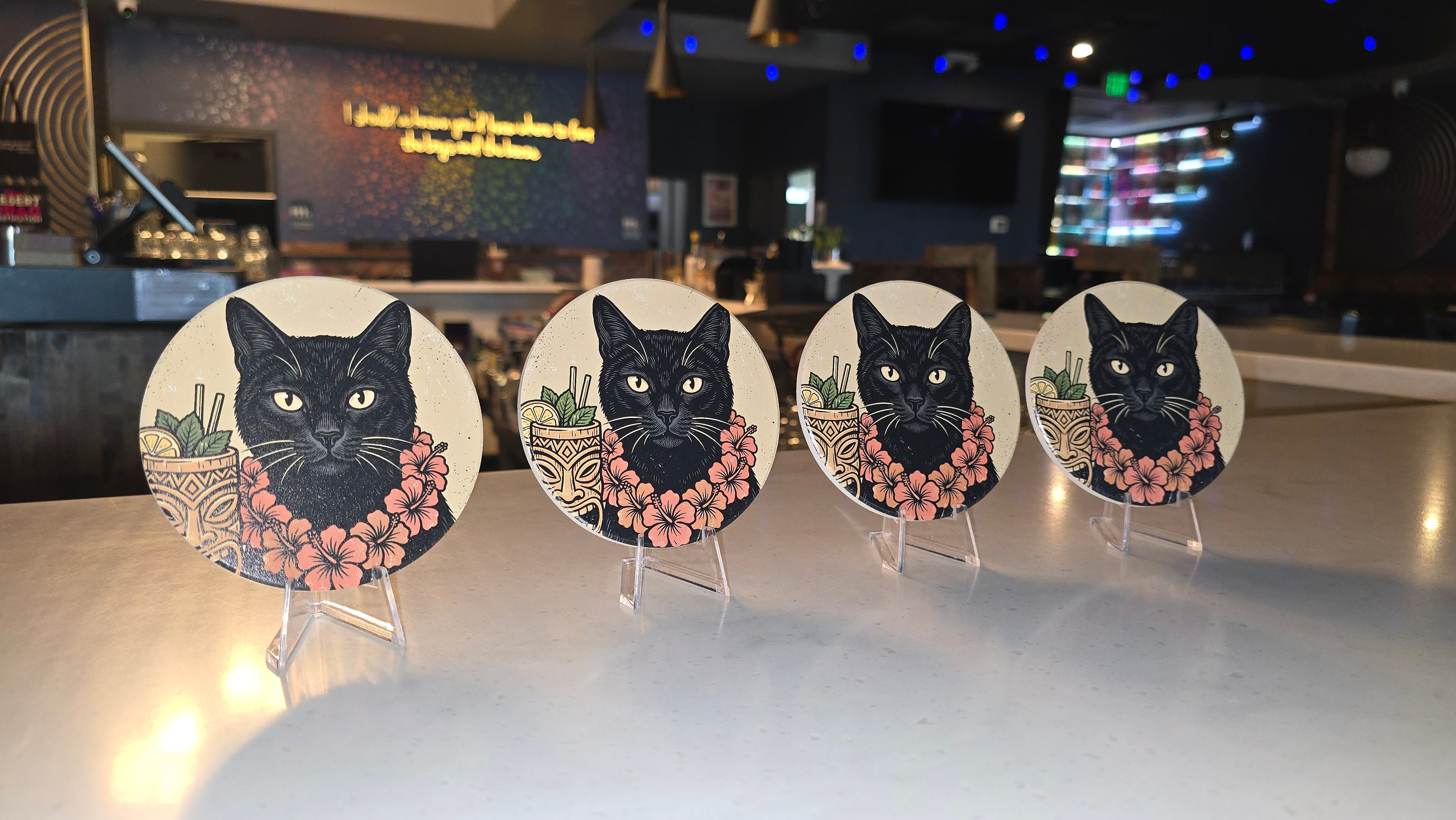 Tiki Cat Ceramic Coaster Set of 4