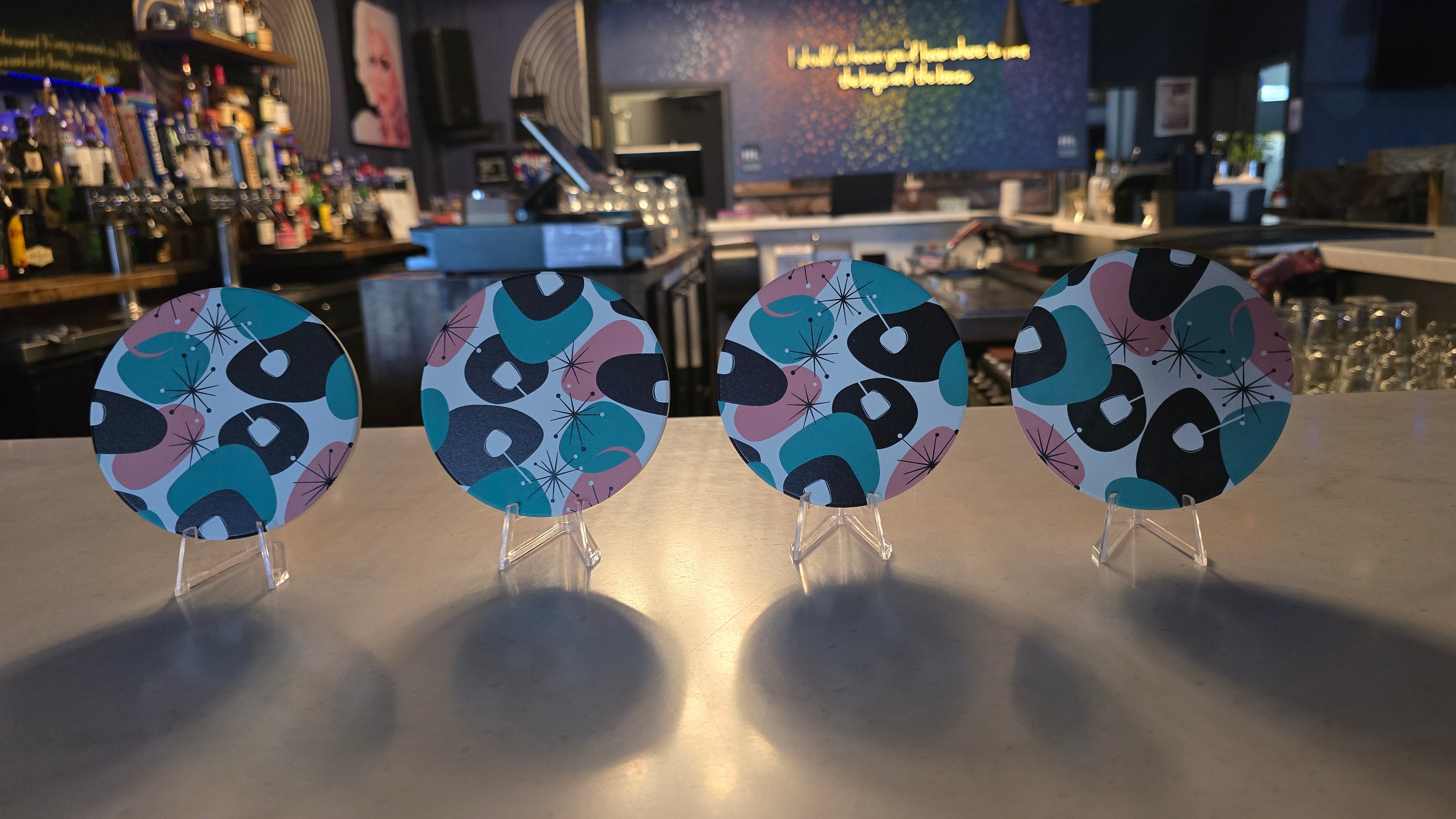 Mid-Century Modern Atomic Starburst Ceramic Coaster Set of 4 with Cork Backing