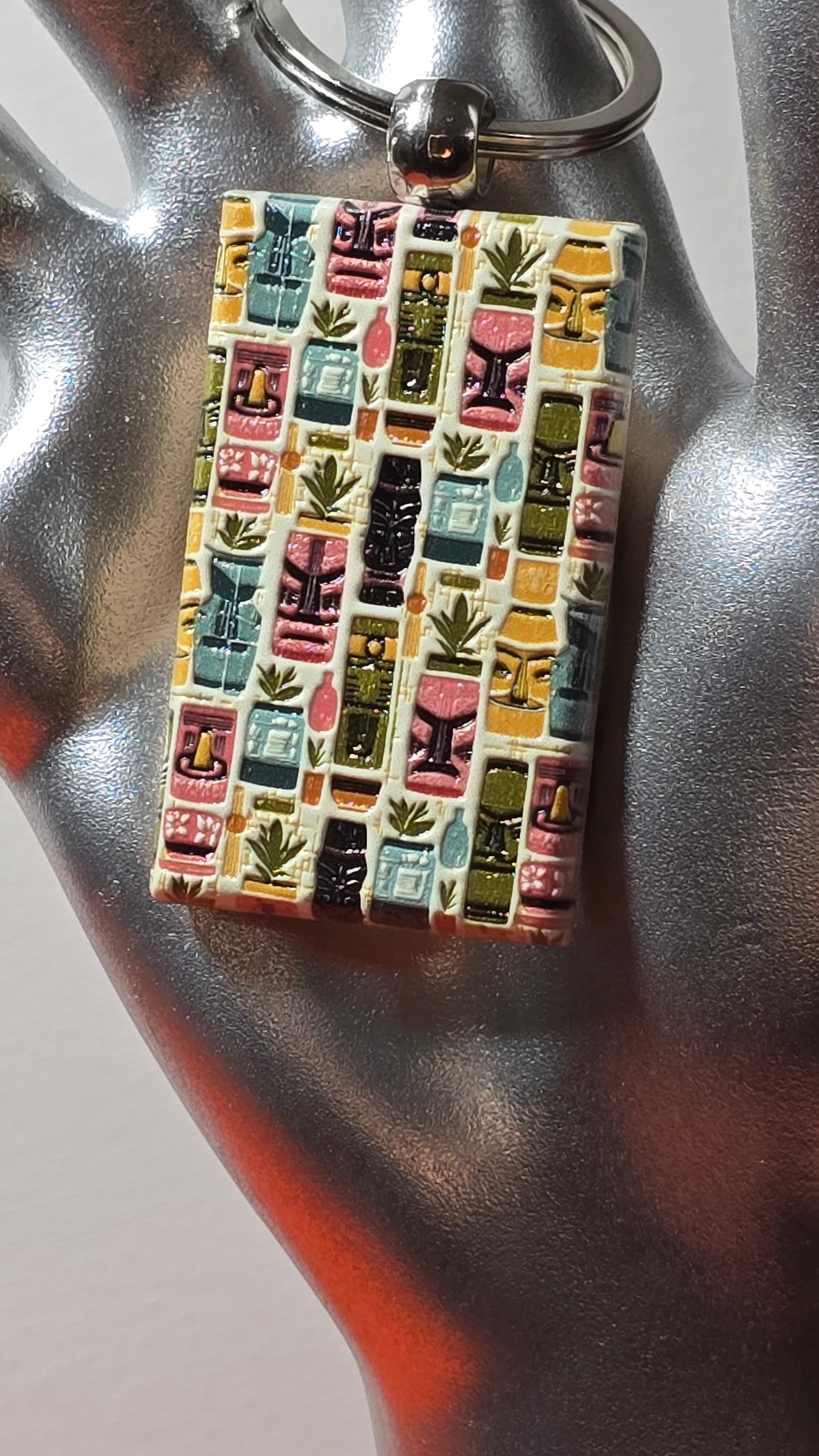 Pastel Tiki Mug Pattern Wood Keychain