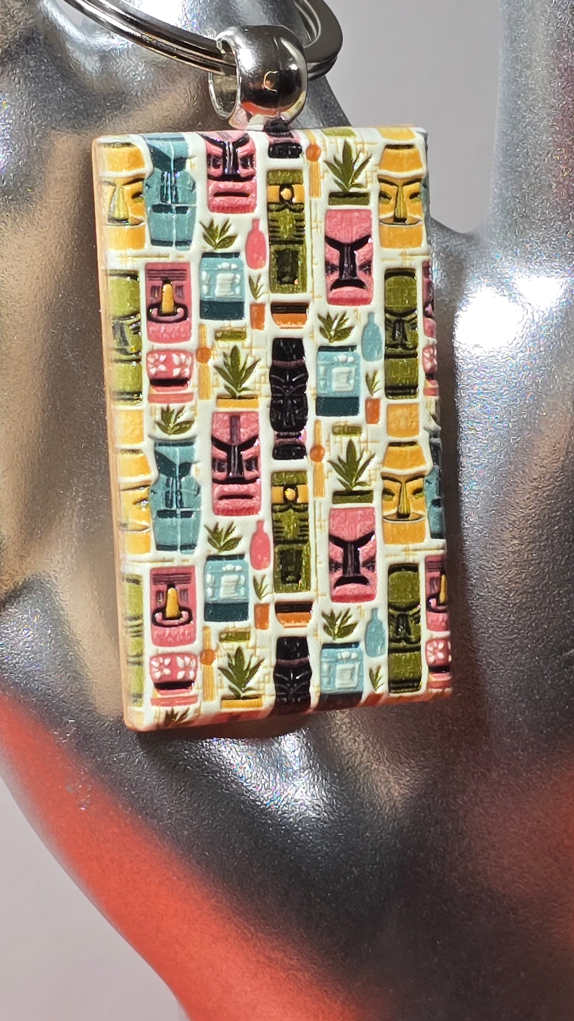 Pastel Tiki Mug Pattern Wood Keychain